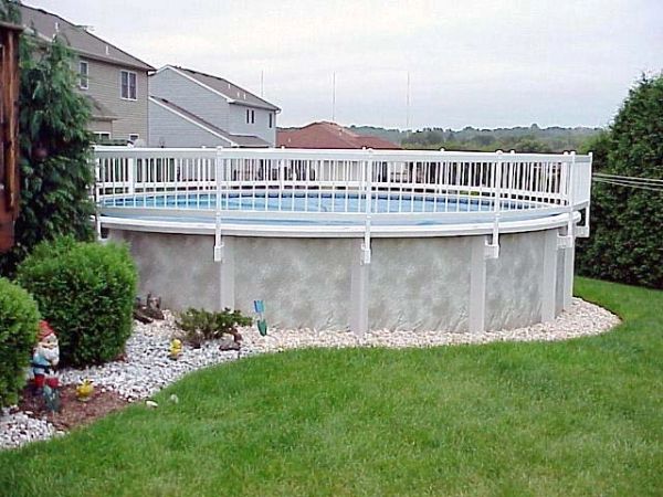 Above ground circular swimming pool in a backyard.