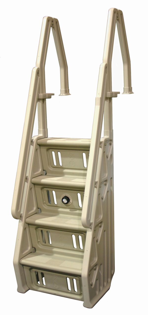 Beige four-step plastic ladder with handrails.