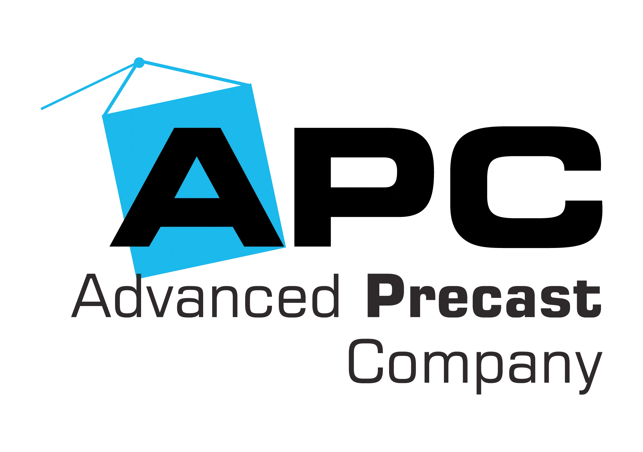 APC logo. Bright blue vertical rectangle with ropes hoisting it into the air. San-serif font with bl
