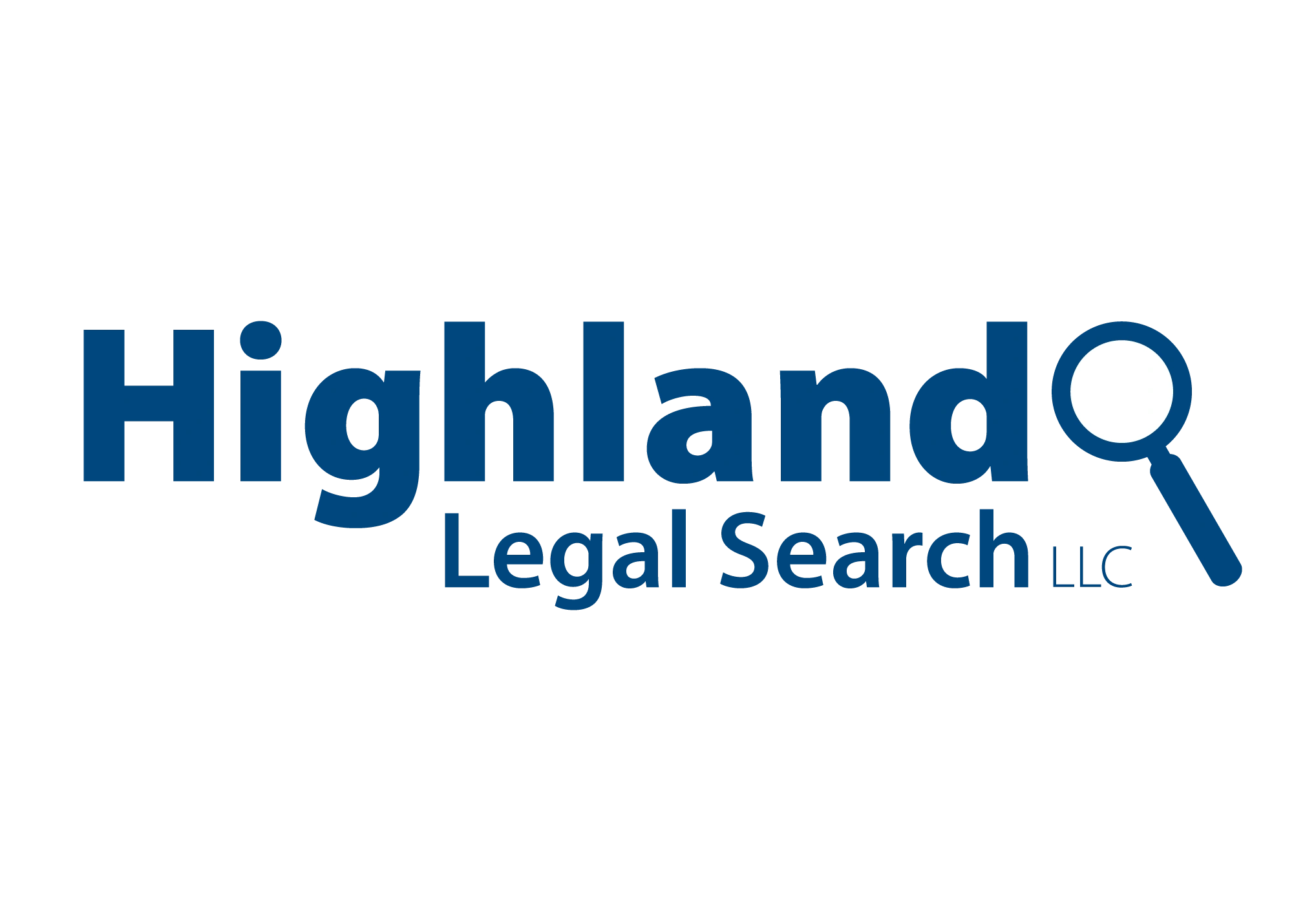 Highland Legal Search LLC. Medium blue, san-serif font, with magnifying glass icon on right side.