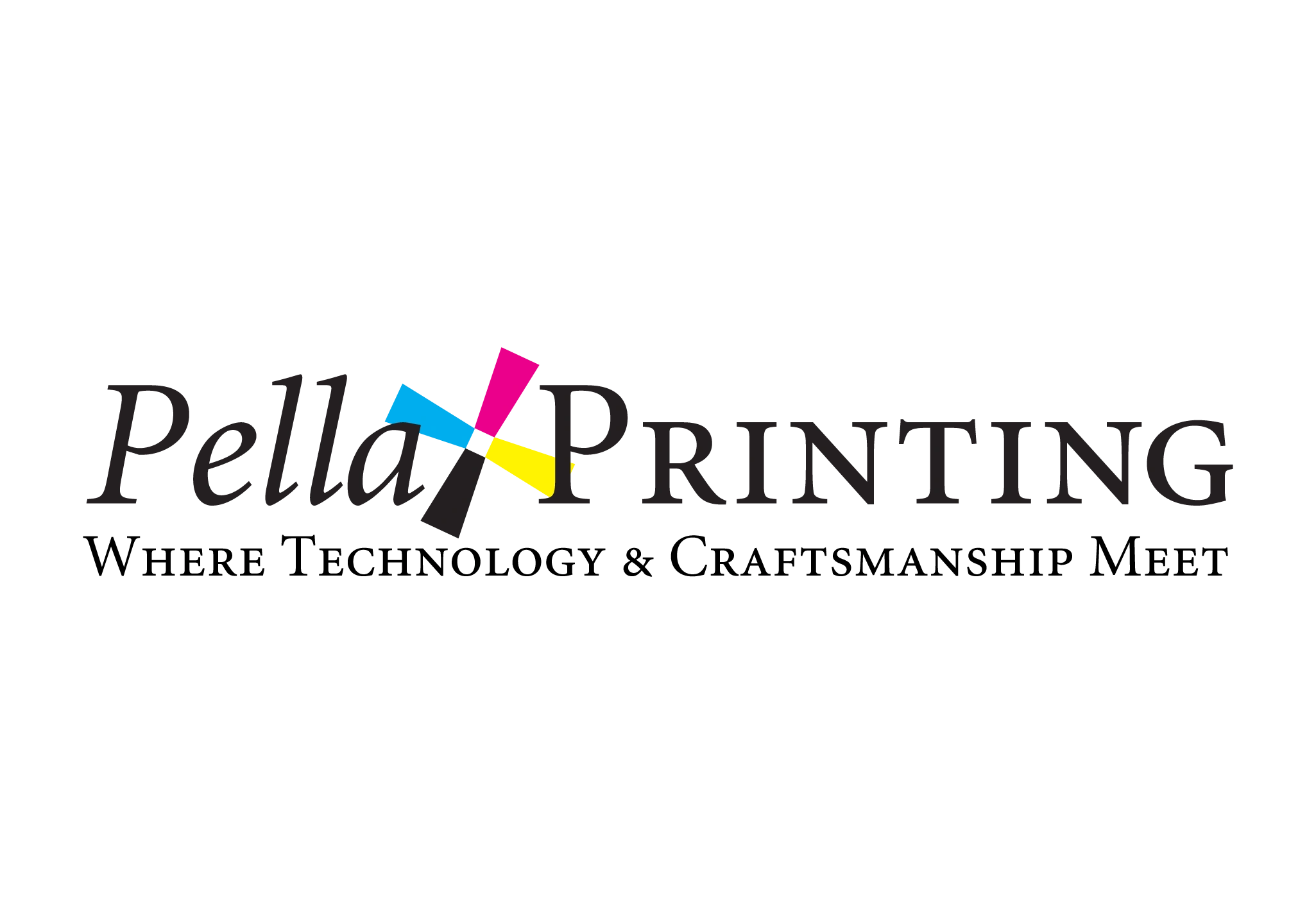 Pella Printing. Where Technology and Craftsmanship Meet. Serif font with CMYK windmill icon in middl