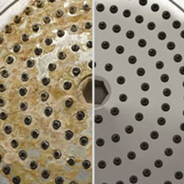 Comparison of shower heads affected by hard water and soft water.