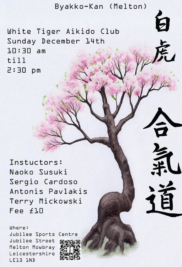 A flyer for Byakko-Kan Aikido event at White Tiger Aikido Club with a cherry blossom tree illustration.