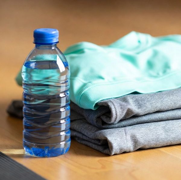 A water bottle next to folded workout clothes on a wooden floor.