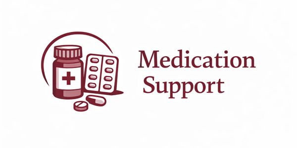 Illustration of medication bottle and pills with 'Medication Support' text.