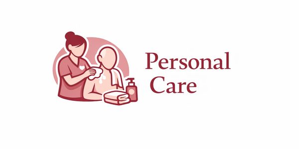Illustration of personal care with caregiver helping a person, accompanied by text.