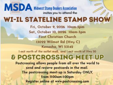 Flyer for WI-IL Stateline Stamp Show and Postcrossing Meetup on October 9-10, 2026.