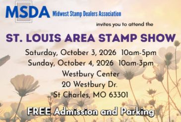Flyer for St. Louis Area Stamp Show in 2026 with free admission.