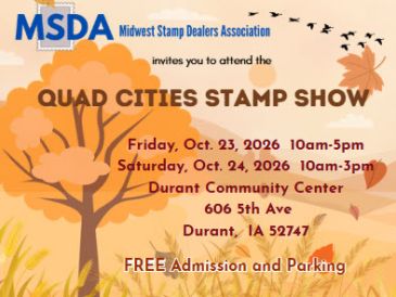 Flyer for Quad Cities Stamp Show in Durant, Iowa, Oct 23-24, 2026.