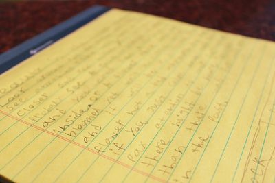 Close up photograph of a yellow notebook with child's handwriting. 