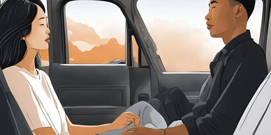 A Man And A Woman Sitting Infront Of Each Other In A Car