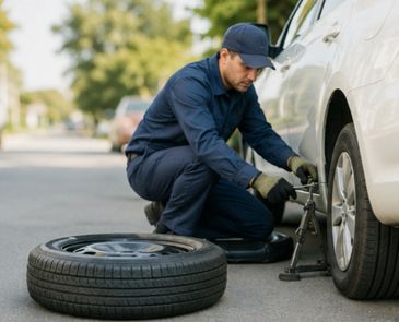 A man in uniform changing a car tire on the roadside.