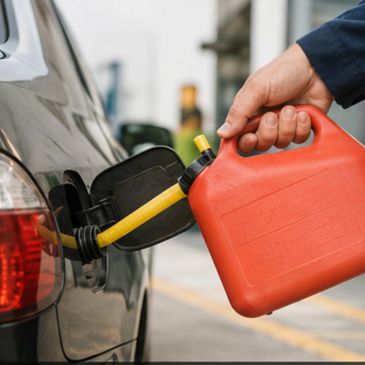 Person refueling car with a red gas can.
