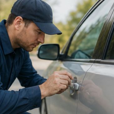 Man in blue uniform picking a car door lock with tools.