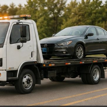 Flatbed tow truck transporting a black sedan on a road.