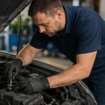 Mechanic wearing gloves fixing a car engine with a wrench.