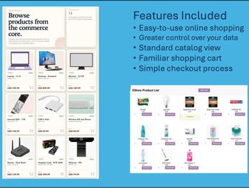 Overview of ecommerce features and product catalog with prices.