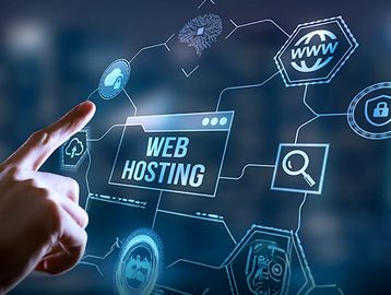 A finger points to a digital interface displaying web hosting and related icons.