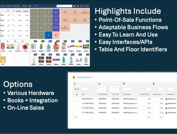 POS software features and options overview with interface screenshots.