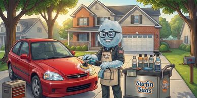 Cartoon character washing a red car with soap in a suburban neighborhood.