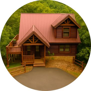 Cowboy Way Cabin with red metal roof, classic log siding, elevated deck, and surrounded by lush gree
