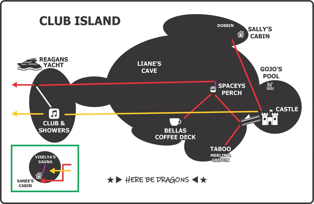 Map of Club Island showing various locations and routes.