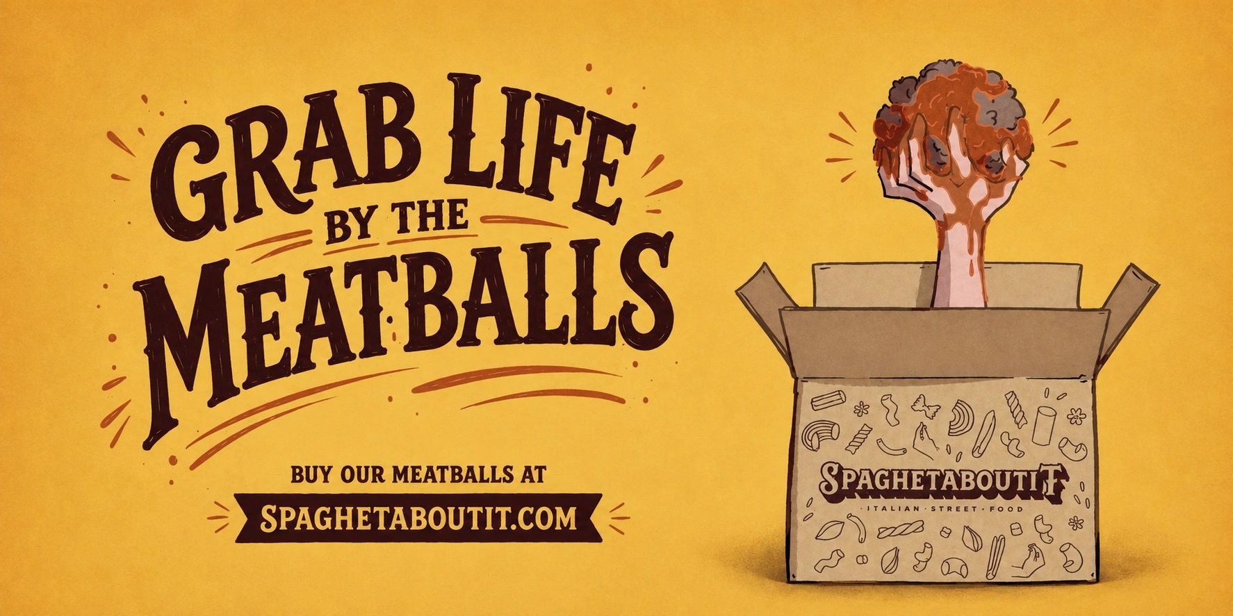 Illustration promoting meatballs from Spaghetaboutit.
