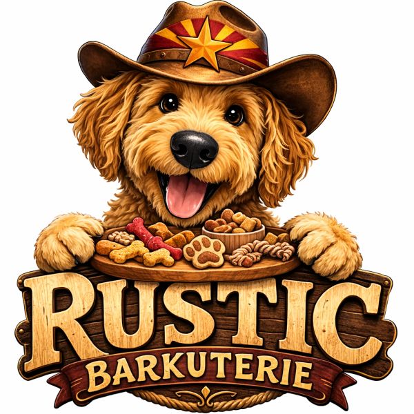 Happy dog wearing a cowboy hat with dog treats and 'Rustic Barkuterie' sign.