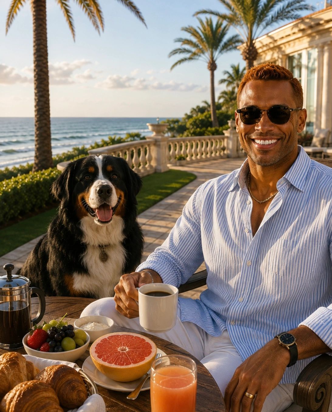 Man enjoying breakfast with his dog by the ocean.