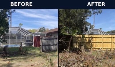 Before and after images of a backyard fence replacement.