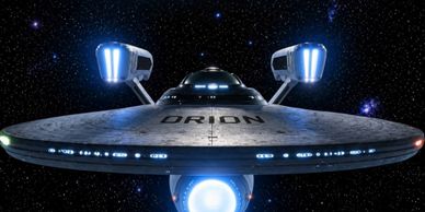 Starship named ORION glowing in deep space against starry background.