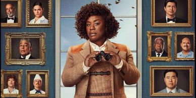 Official poster of The Residence series with detective having binocular in hand and main suspects