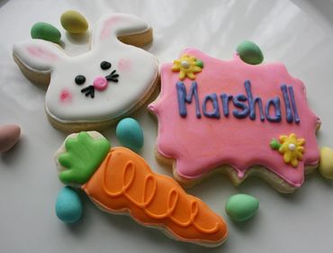 Easter sugar cookies with a bunny, carrot and name. 