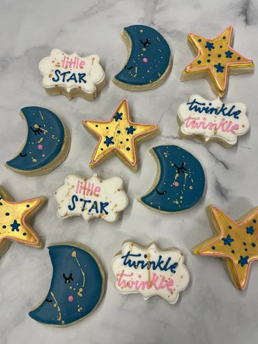 Little Star sugar cookies with a moon and gold star. 
