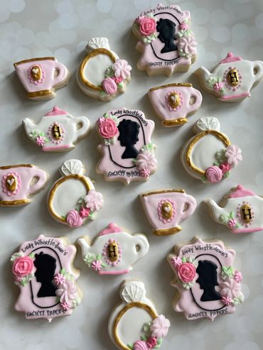Elegant Bridgerton tea party themed cookies with floral and silhouette designs.
