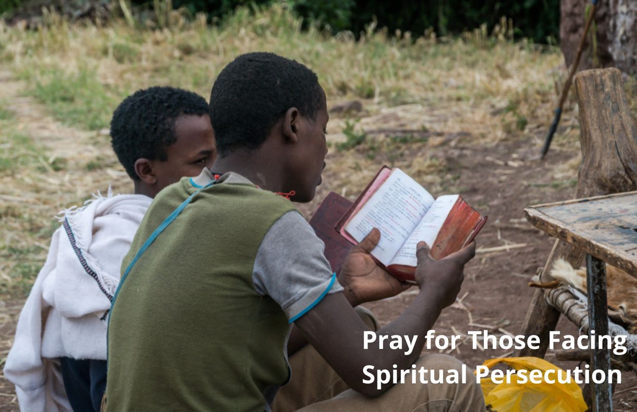 Two boys reading a book outdoors.
