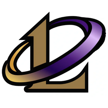A stylized number 1 wrapped by a purple and gold swoosh.