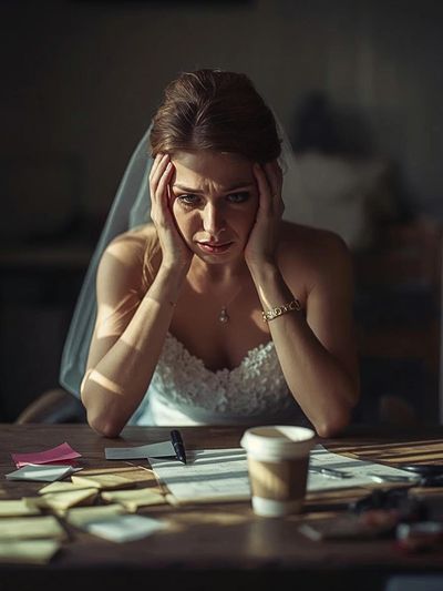 A bride looks stressed and overwhelmed while sitting at a table with papers and a coffee cup.