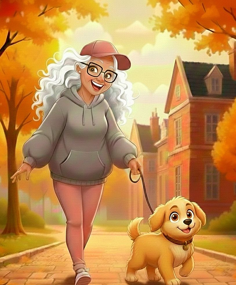 Happy elderly woman walking her dog on a sunny autumn day.