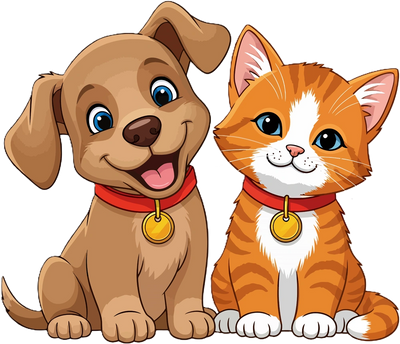 Happy cartoon dog and cat sitting side by side, both wearing red collars with gold tags.