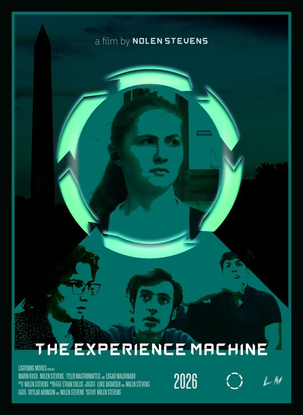 Movie poster for The Experience Machine by Nolen Stevens, featuring four characters and a futuristic design.