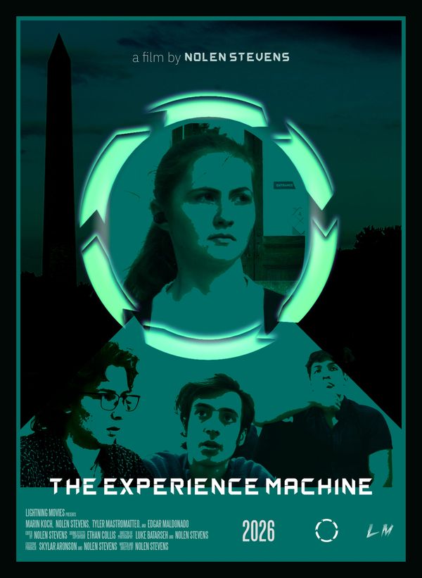 Futuristic film poster featuring a woman's face and three men with the title 'The Experience Machine'.