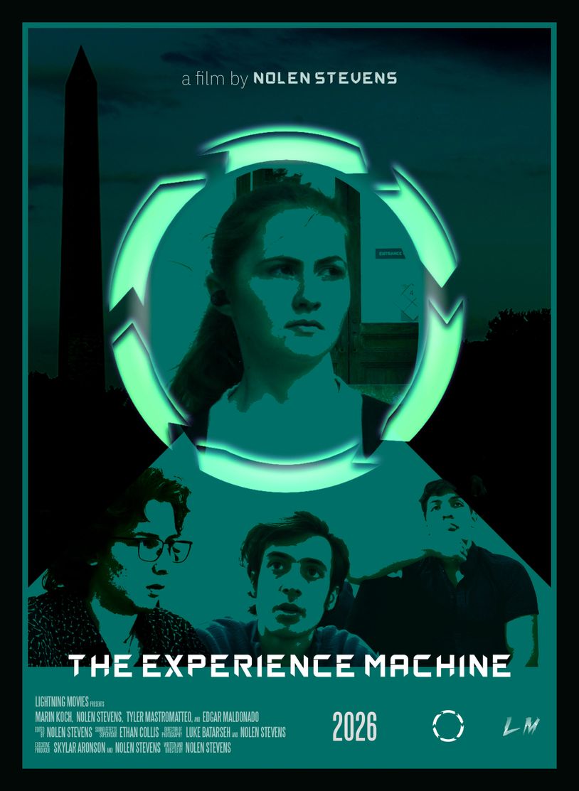 Futuristic film poster featuring a woman's face and three men with the title 'The Experience Machine'.