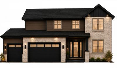 Modern two-story house with black accents and large garage doors.