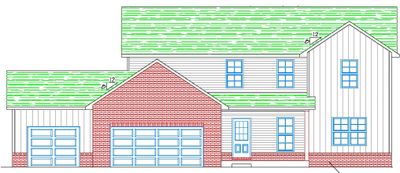 Architectural drawing of a two-story house with brick and siding exterior.