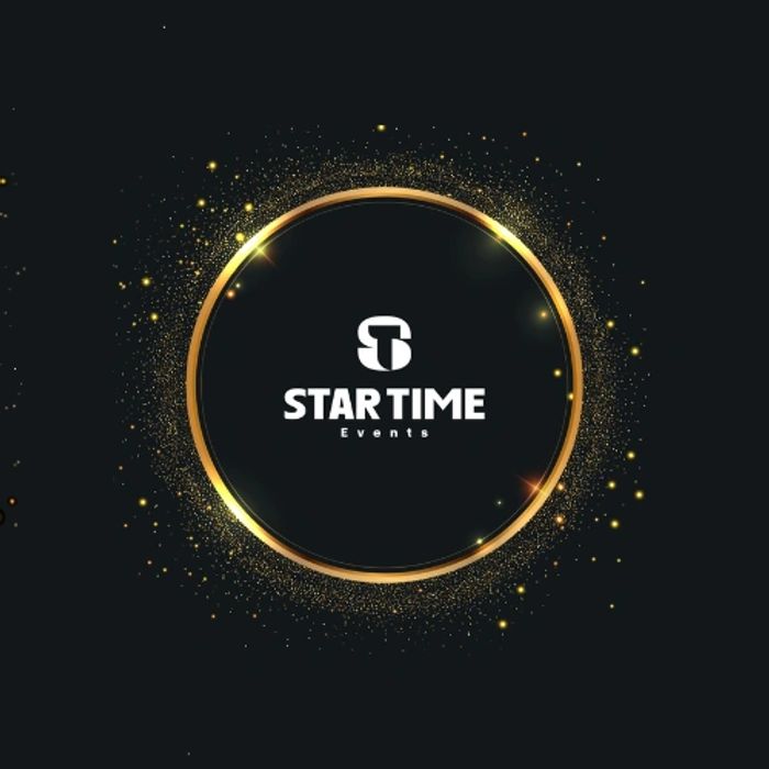 Elegant logo for Star Time Events with a golden sparkling ring on a dark background.