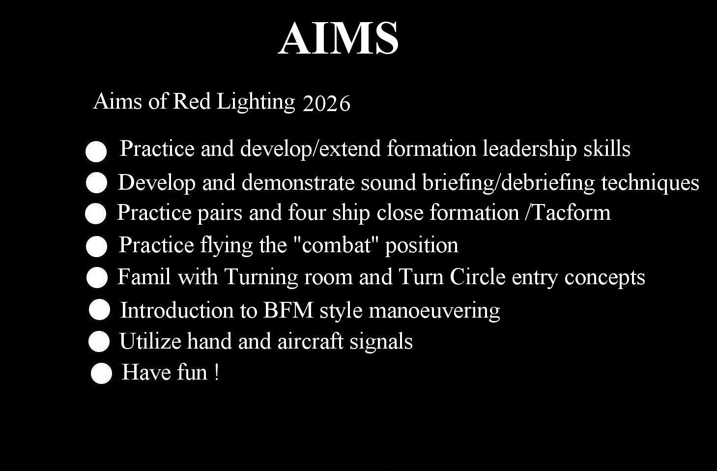 List of aims for Red Lighting 2026 focusing on leadership, formation, and communication skills.