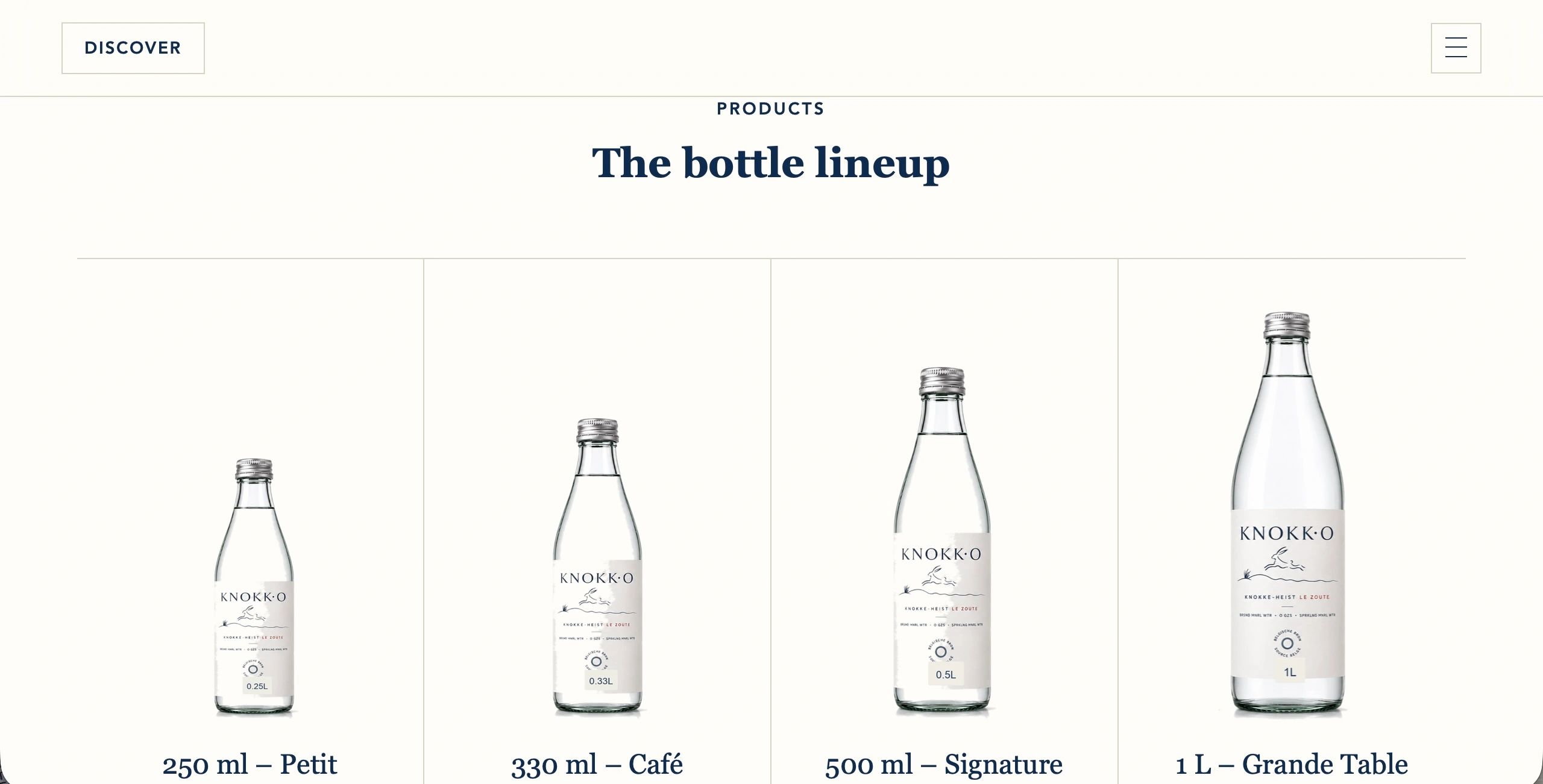 Four sizes of Knokk O bottled water displayed.