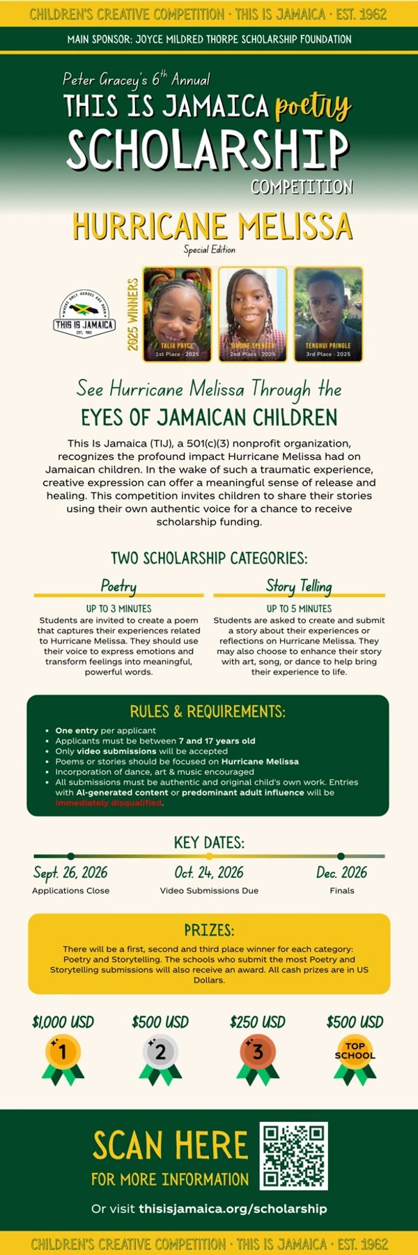 Children's poetry scholarship competition focused on Hurricane Melissa experiences.