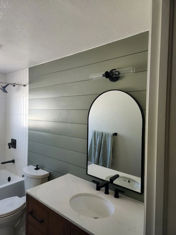 Modern bathroom with green shiplap wall, arched mirror, and black fixtures.